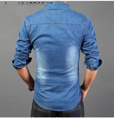 Men's Cotton Denim Shirt Stand Collar Long Sleeve