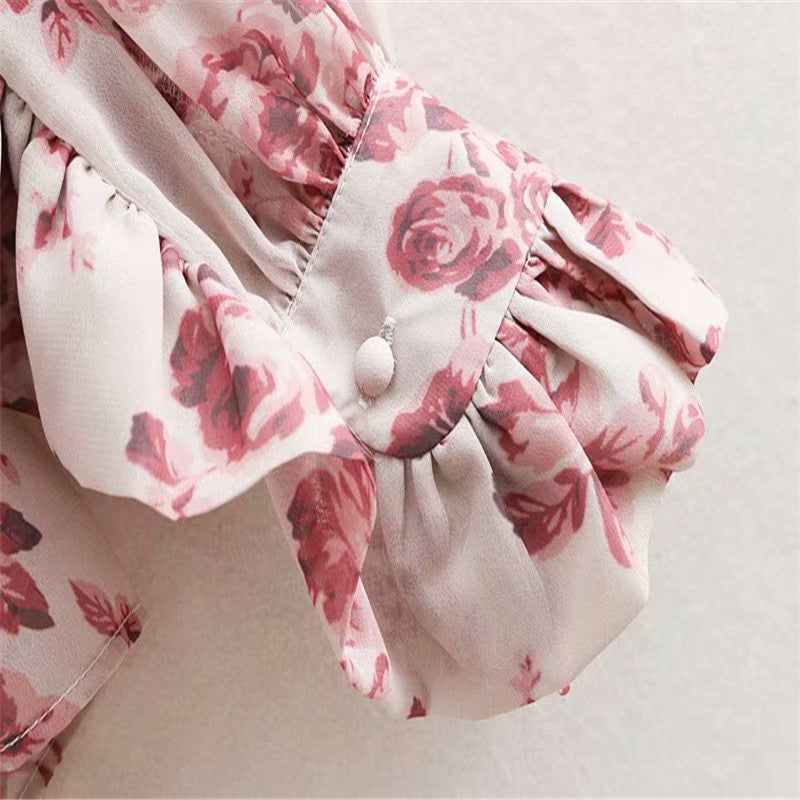 Chiffon Buttoned Ruffle Print Shirt