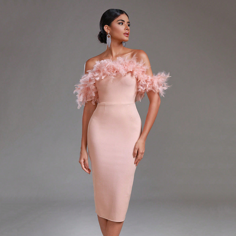 Off-Neck Feather Mid-Length Dress for Women