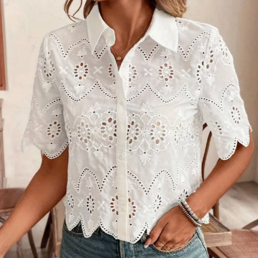 Ladies' Elegant White Short Sleeve Polyester Shirt S-2XL