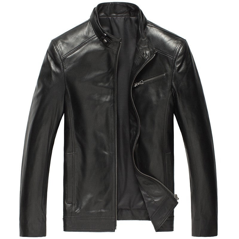 Men's Fit Sheepskin Leather Jacket with Stand-Up Collar and Zipper Closure