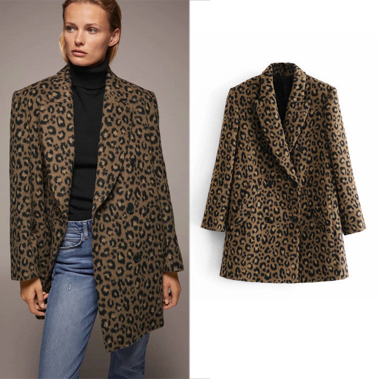 Sexy leopard print European and American style casual simple mid-length woolen jacket