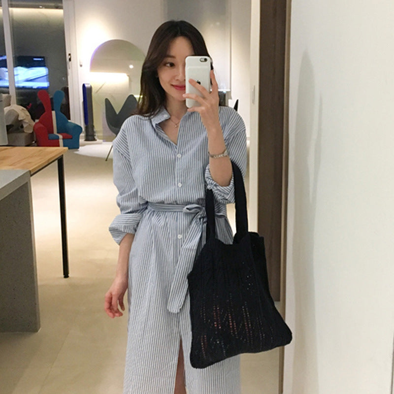 Jupe chemise en coton et lin rayée avec fente