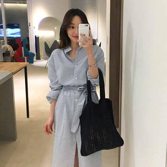 Striped shirt skirt with slit