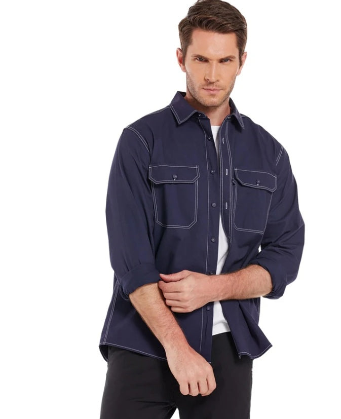 Chemise décontractée en lin à manches longues et col carré pour homme