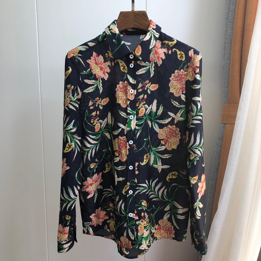 Silk Flower Leaf Print Long Sleeve Shirt Cardigan