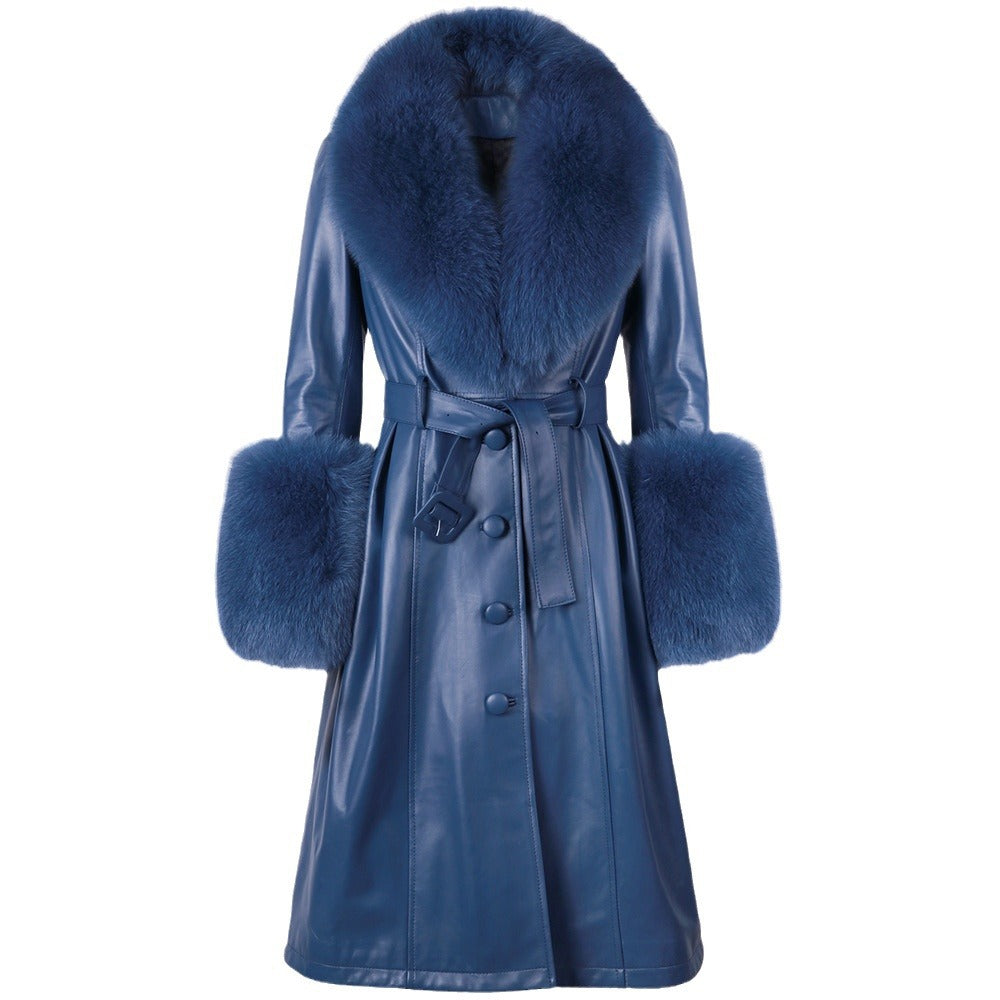 Slim-Fit Genuine Leather Sheepskin Coat with Fox Fur Collar