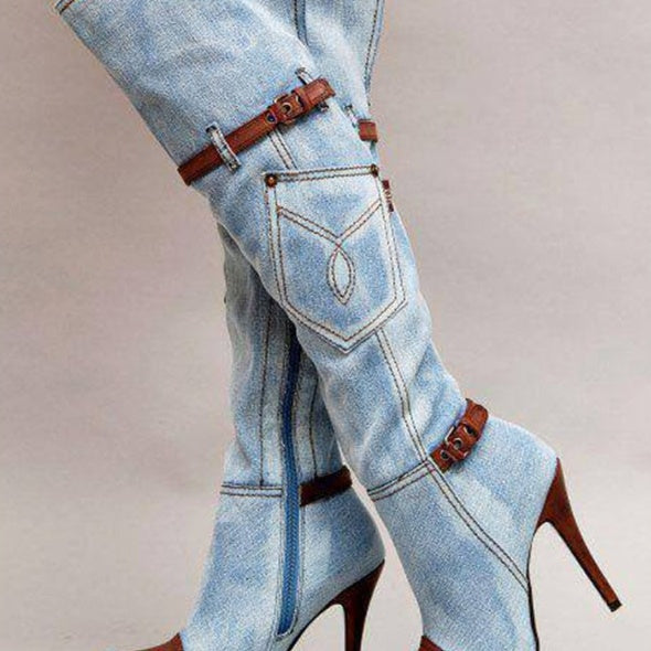 Women's Blue Plus Size Knee-High Denim Boots with Stiletto Heel and Stitching