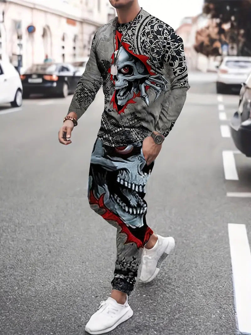 Men's 3D Digital Print Round Neck Sports Sweatshirt Suit