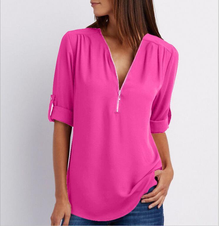 Chemisier ample zippé à col en V et manches courtes pour femme, disponible en plusieurs coloris