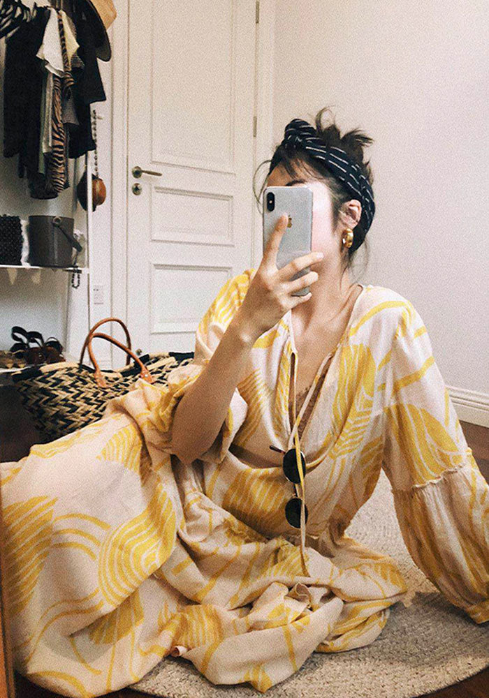 Retro loose print puff sleeve long dress