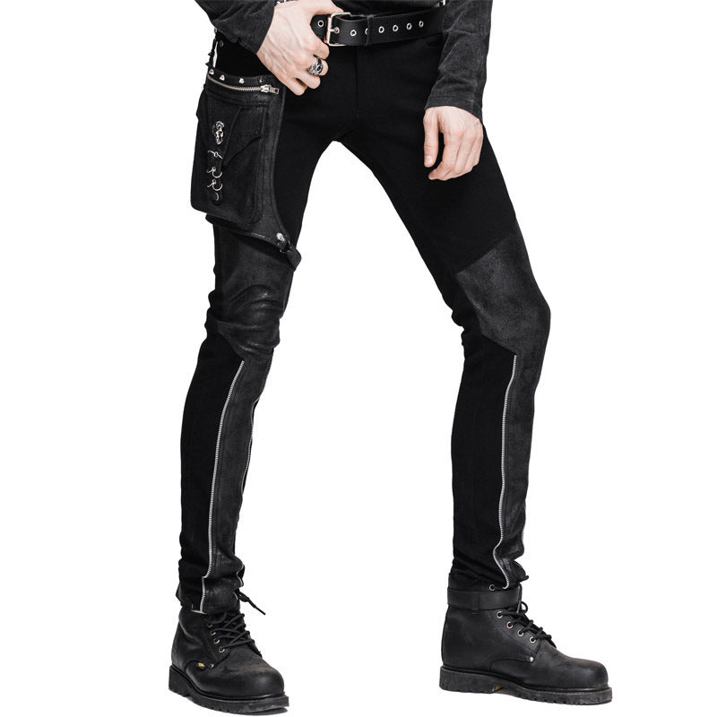 Stitching gear zipper leather pants black slim men's pant