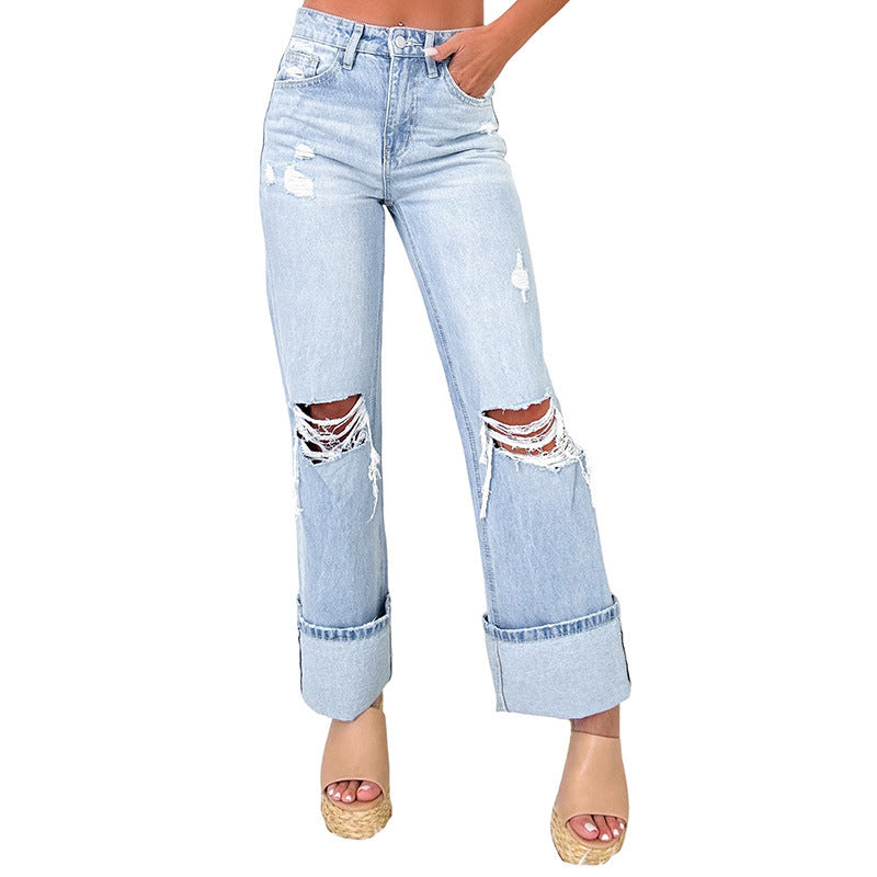Pantalon pattes d'éléphant bleu clair taille haute coupe ajustée
