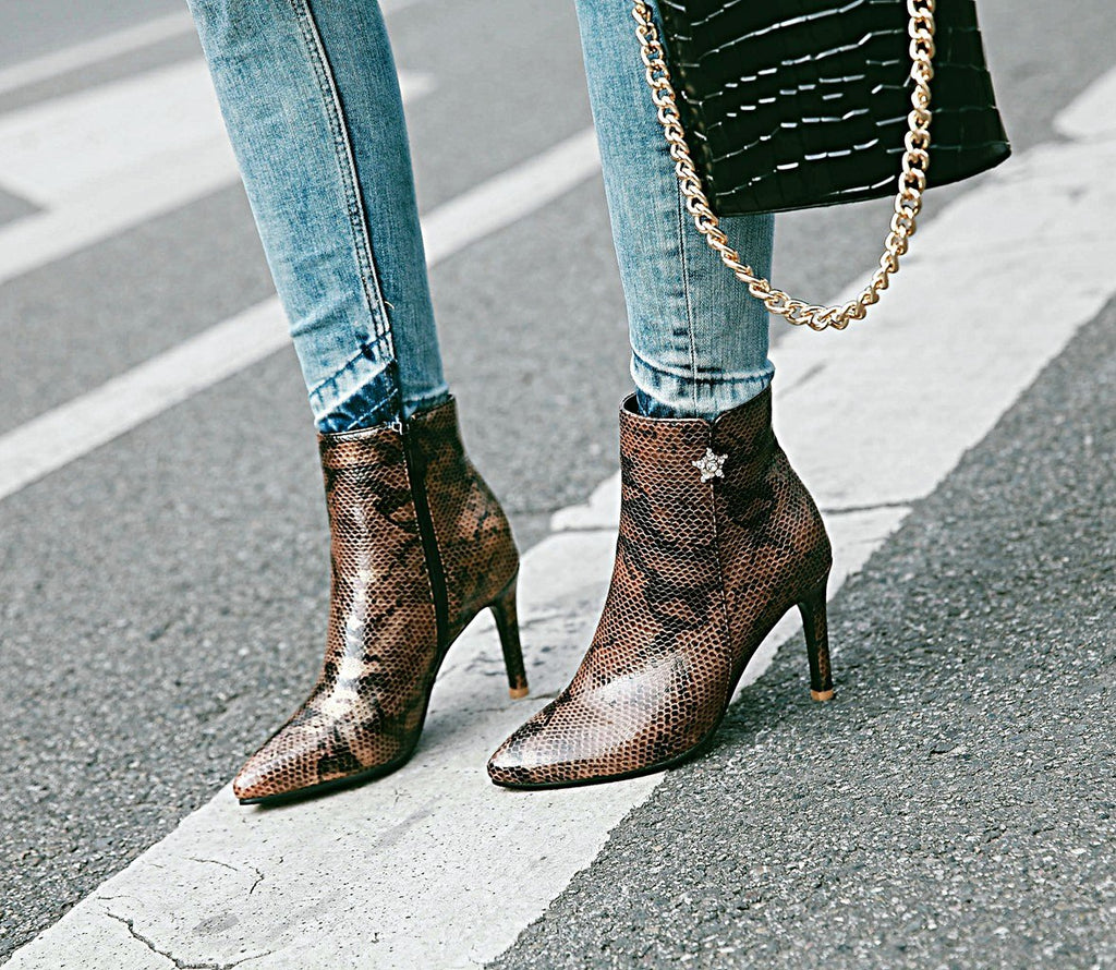 Bottes à talons aiguilles pointus à motif serpent avec fermeture éclair latérale pour femme