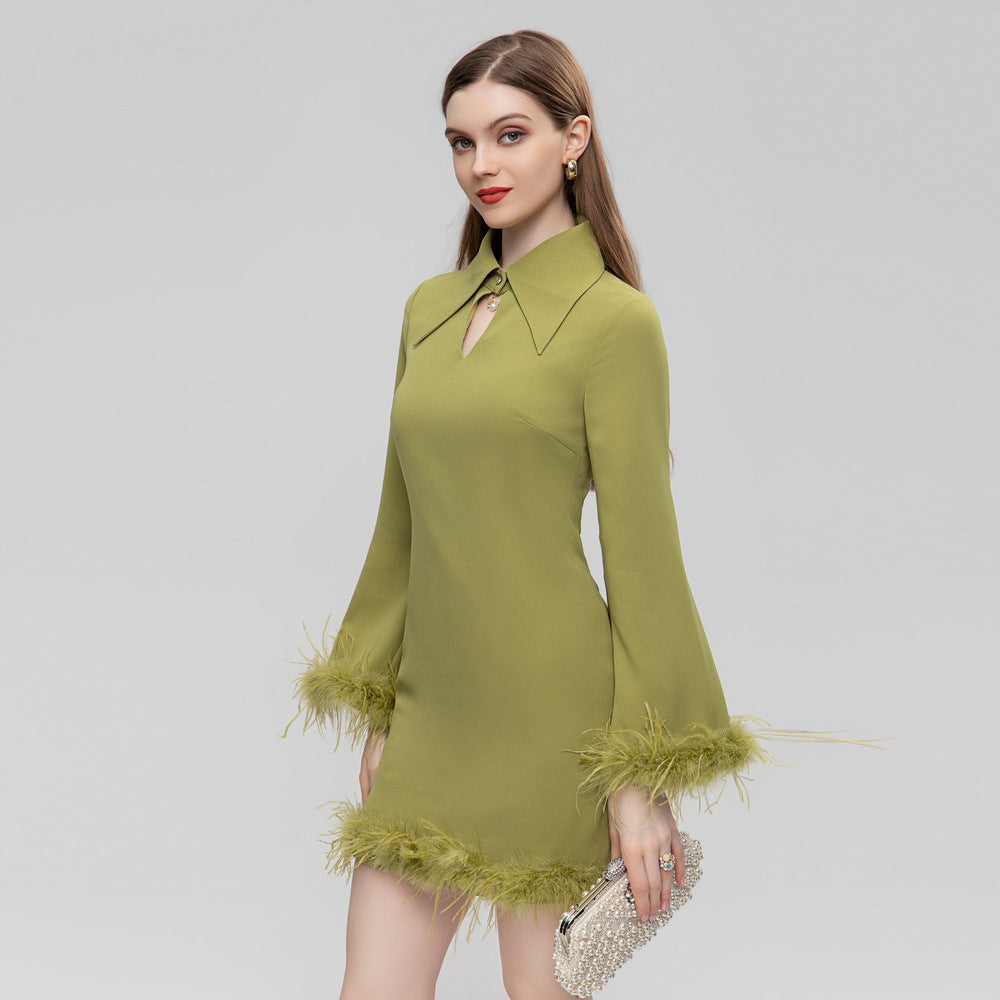 Feather Detail Long Sleeve Short Dress