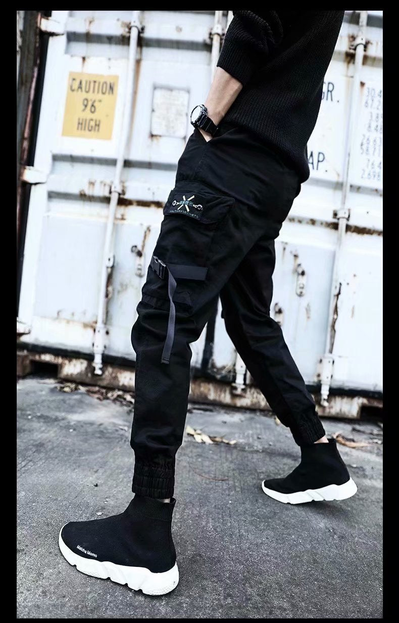 Men's Black Loose Polyester Overalls Pants Casual Trousers