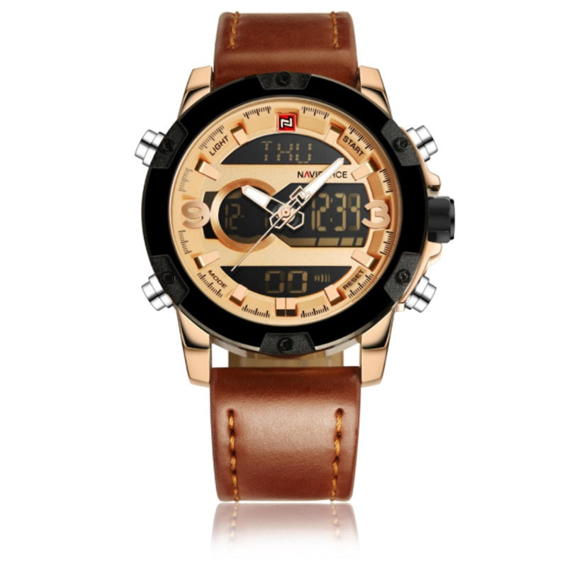 Men's Leather Digital Army Military Sport Watch 46.5mm Quartz Waterproof