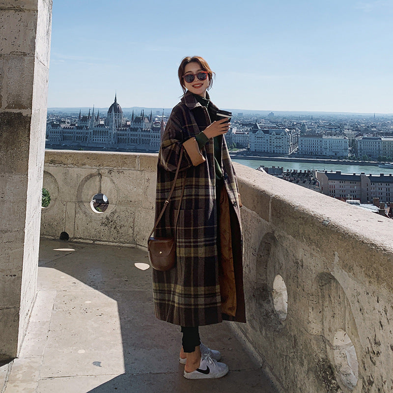 Manteau ample en laine épais à carreaux pour femme, automne-hiver, en fibre de polyester marron