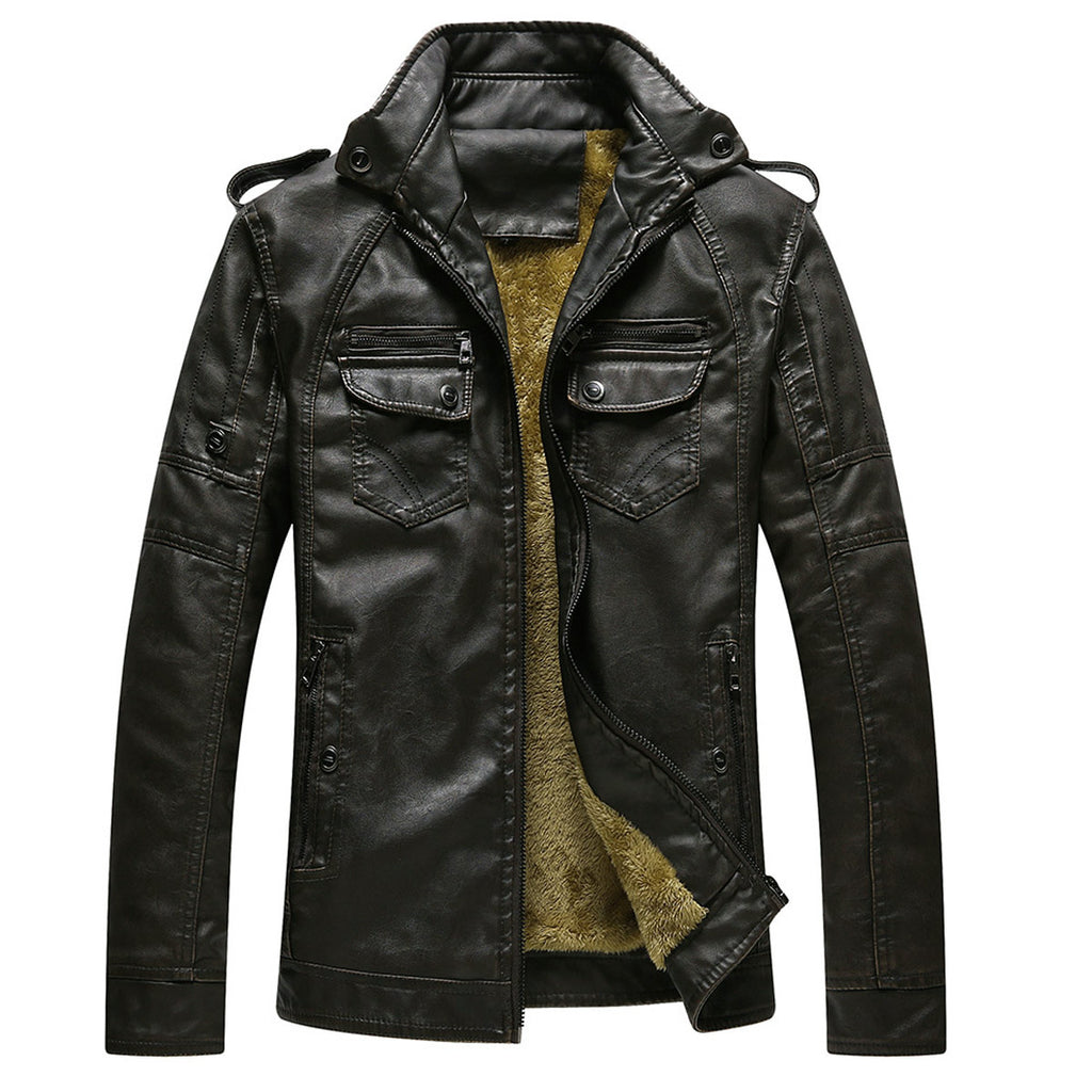 Men's Cowhide Leather Jacket with Velvet Lining Retro Washed Style