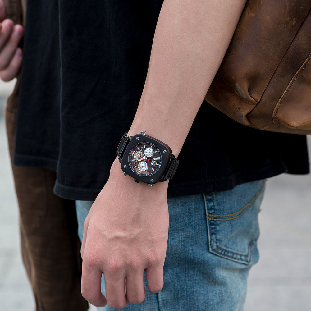 Wooden Mechanical Square Watch Black Technology Vintage Style