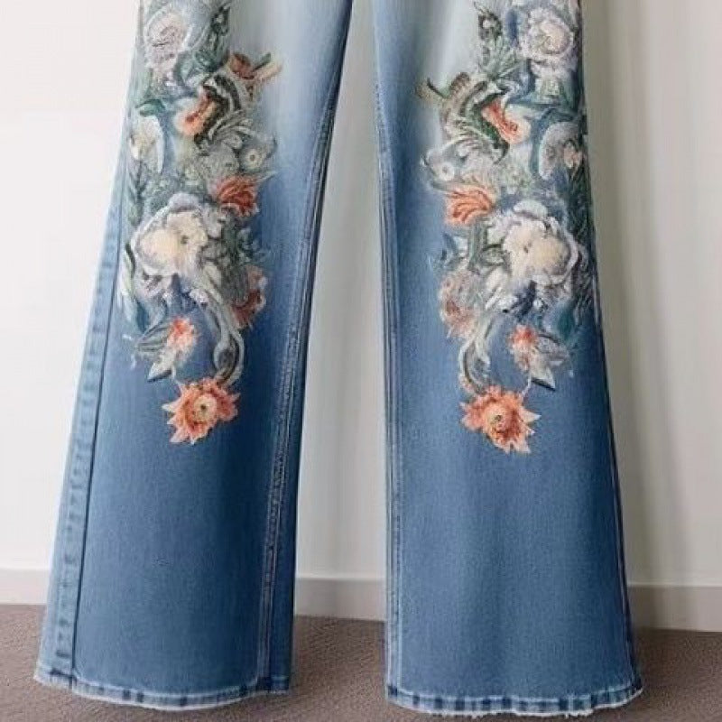 Jean droit en jean bleu taille haute pour femme