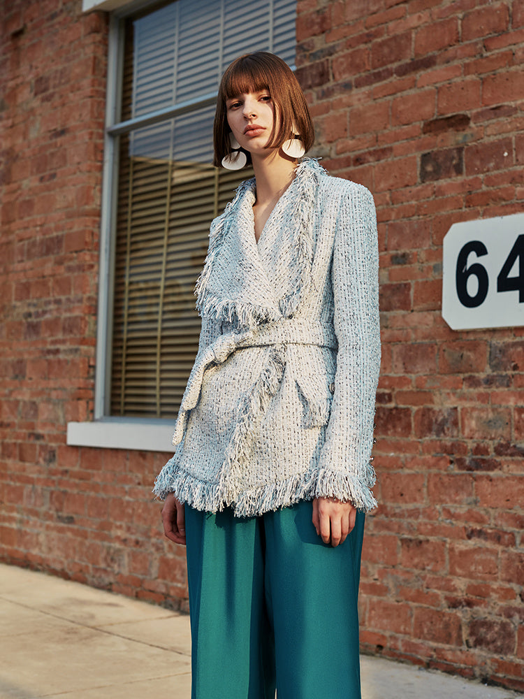 Veste en laine à franges pour femme à grand revers, coupe ajustée