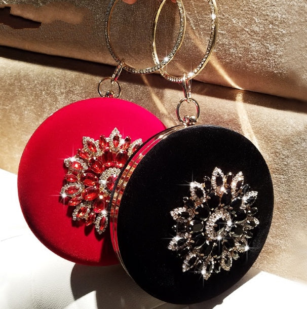 LOLIBOX Pochette de soirée ronde en velours pour femme avec poignée anneau diamant pour fête