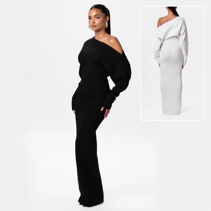Robe de soirée moulante en maille tricotée à manches longues et col bardot