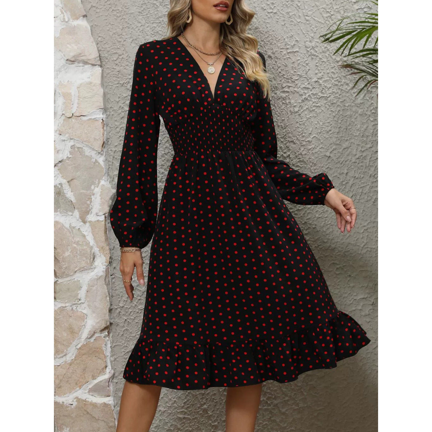 European & American Waist Slimming Polka Dot Long Sleeve Dress