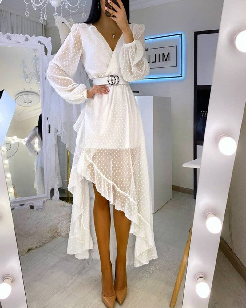 Elegant Polka Dot V-Neck Dress with Waist Detail