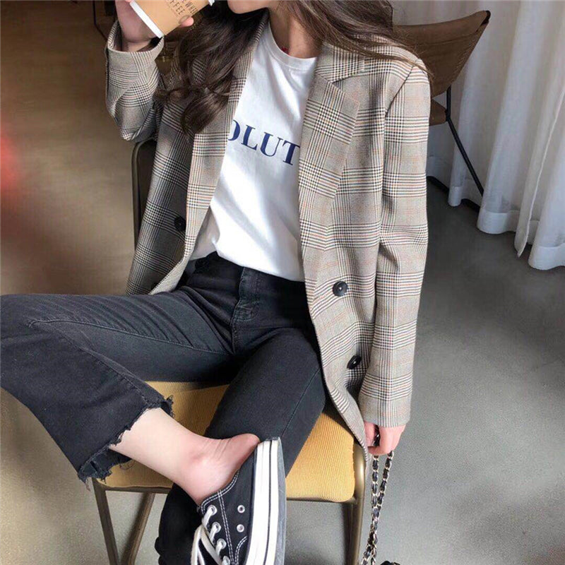Plaid Ladies Blazer Double-Breasted Medium Length