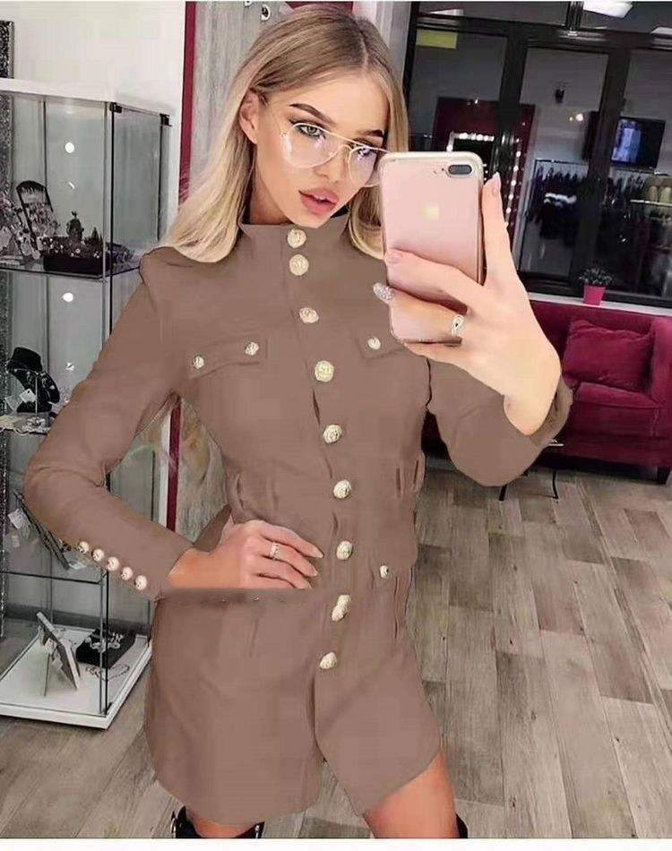 Long Sleeve Black Button Dress with Bow Tie and Stand Collar