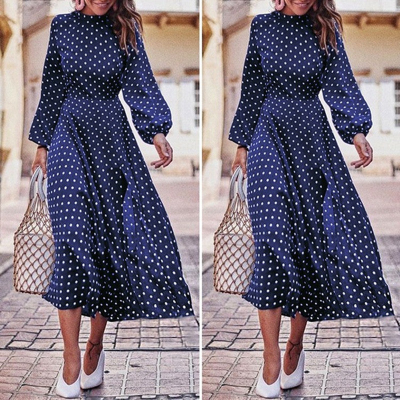 Polka Dot Chiffon Long Sleeve Dress with Elastic Waist