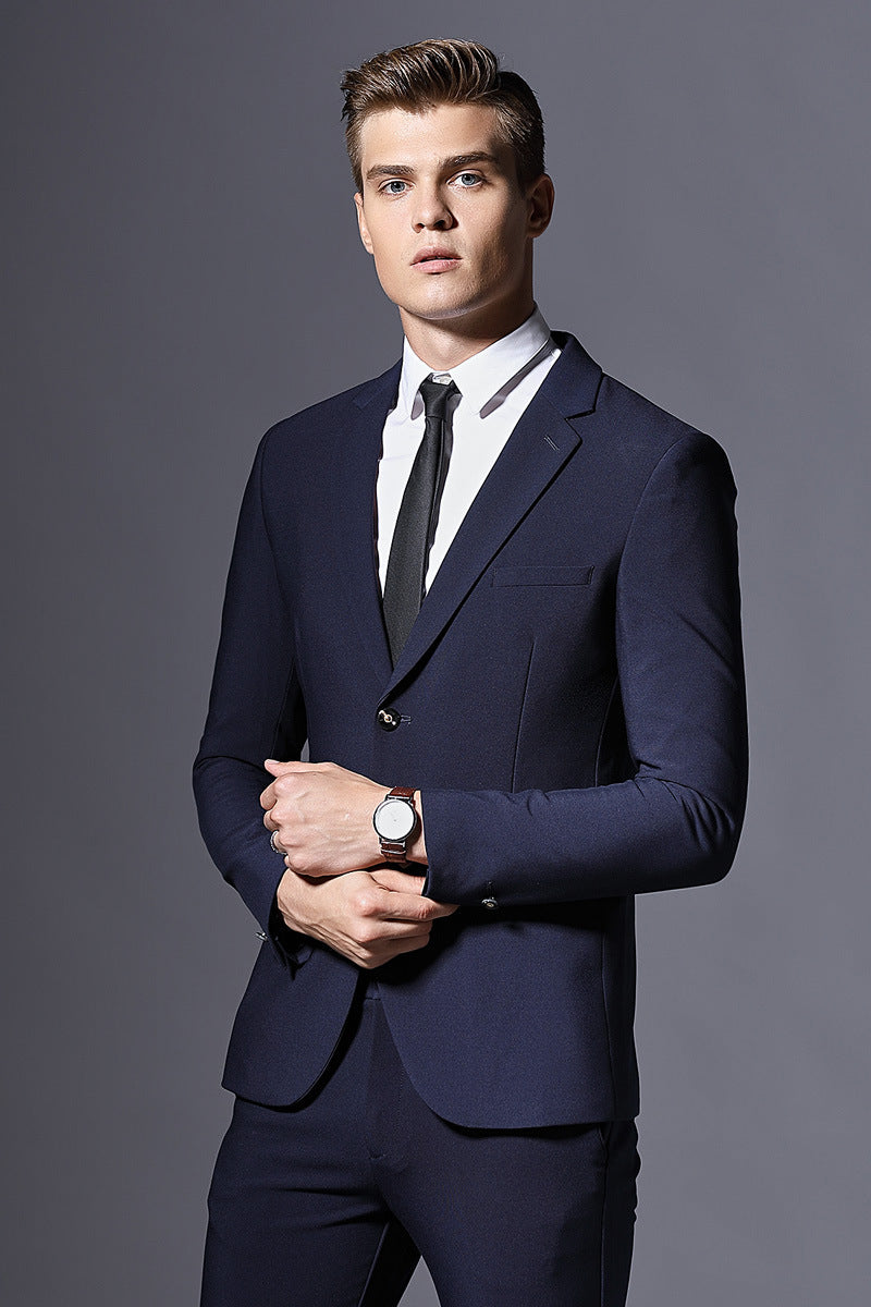 Men's Slim Fit Two-Button Suit with Flat Collar, Four-Season Acetate Fiber Blend