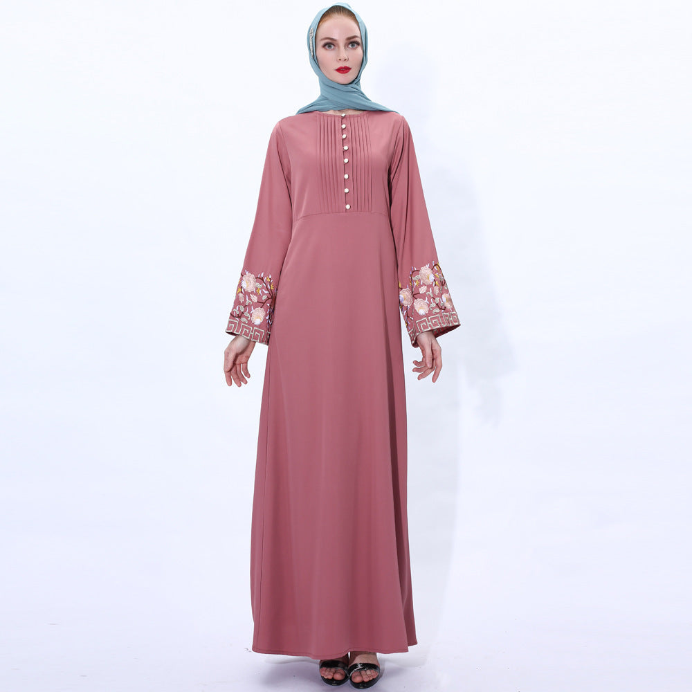 Retro Slim Muslim Women's Summer Dress with Embroidery