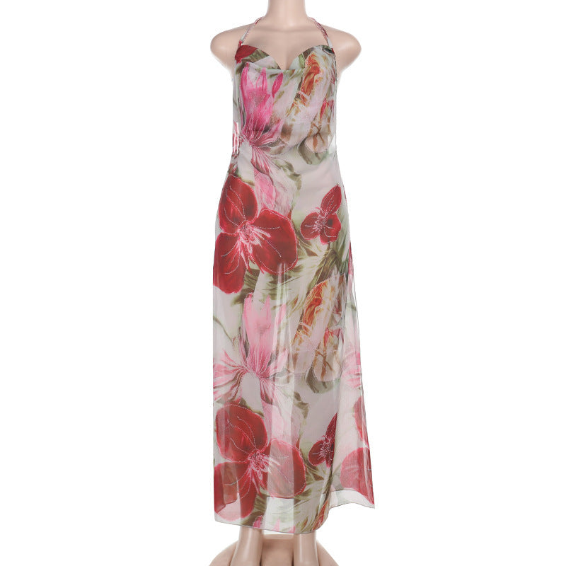 Colorful See-Through Print High Waist Holiday Dress Sleeveless