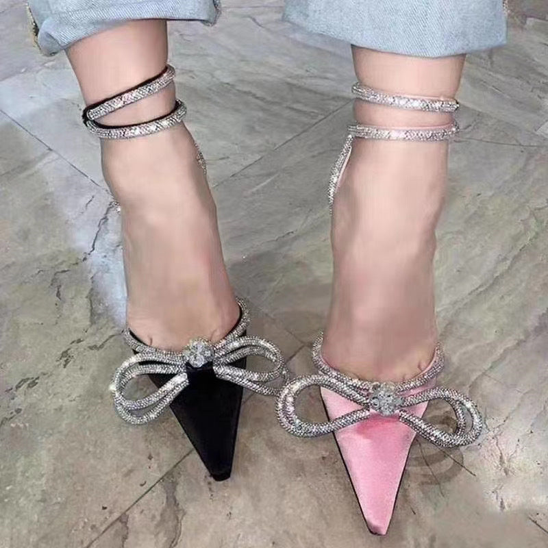 Satin Bowknot Rhinestone Stiletto High Heel Sandals for Party Prom