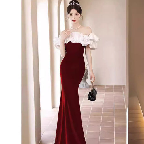 French Off-Shoulder Party Dress for Ladies in Black & Red, Sizes S-2XL