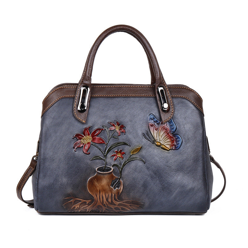 Sac à main Boston vintage en cuir de vachette gaufré floral chinois 32x11x24cm
