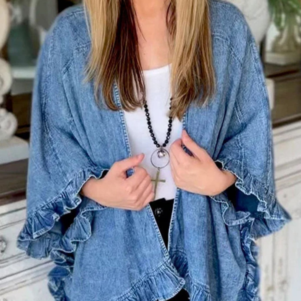 Blue Denim Ruffle Washed Small Coat with Batwing Sleeves