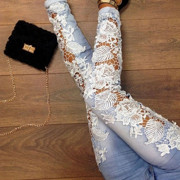 Dark Denim Lace Jeans with Stretch Cotton Spandex Blend