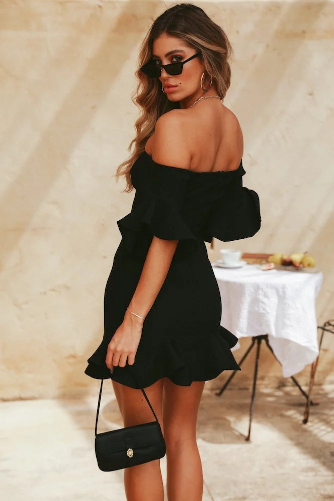 Off-Shoulder Ruffled Short Dress with Lotus Sleeves in White & Black