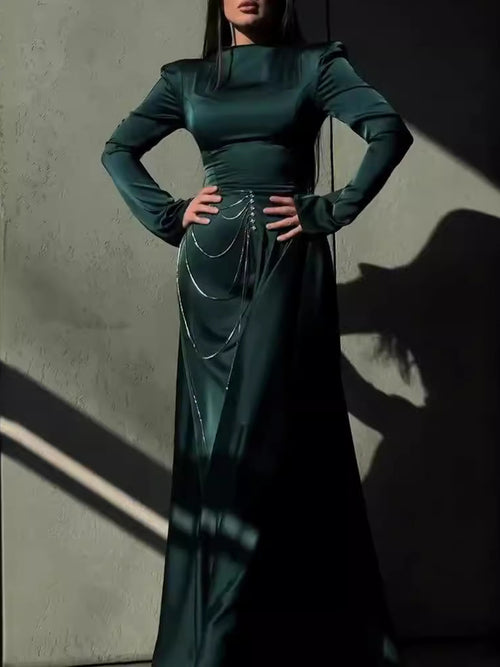 Satin Studded Long-Sleeve Maxi Classy Dress for Women