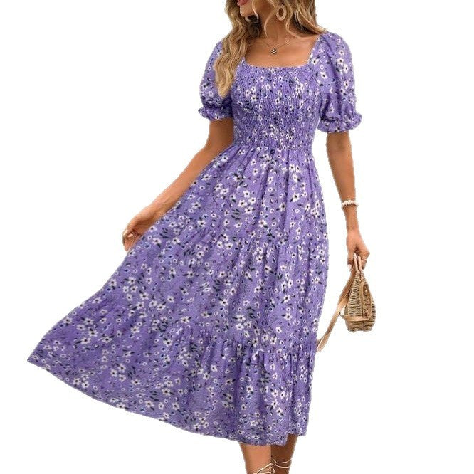 Robe Étagée Imprimé Floral Col Carré Manches Bouffantes