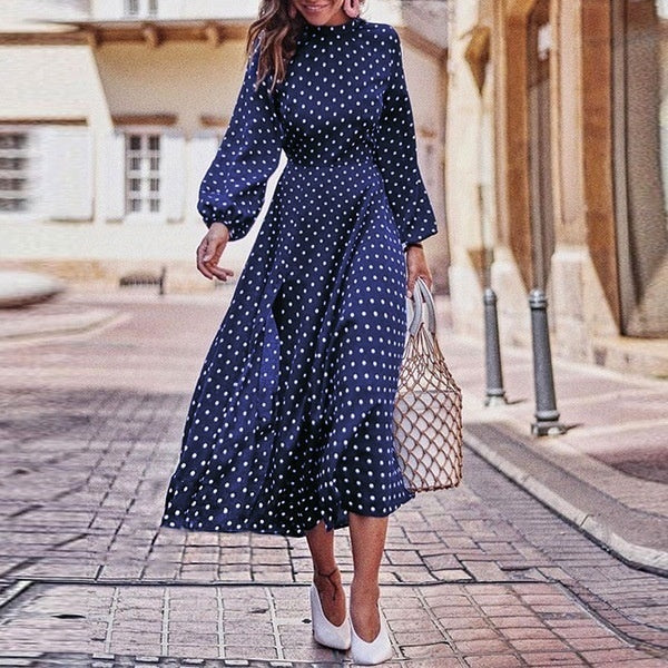 Polka Dot Chiffon Long Sleeve Dress with Elastic Waist