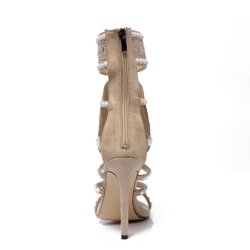 Rhinestone Suede High Heel Sandals with Back Zipper