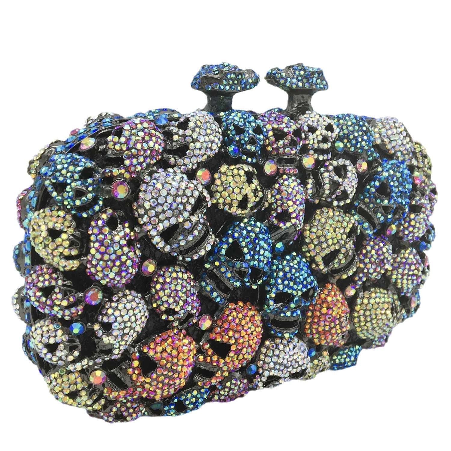 Diamond-Encrusted Small Evening Bag With Skull Rhinestones and Magnetic Buckle