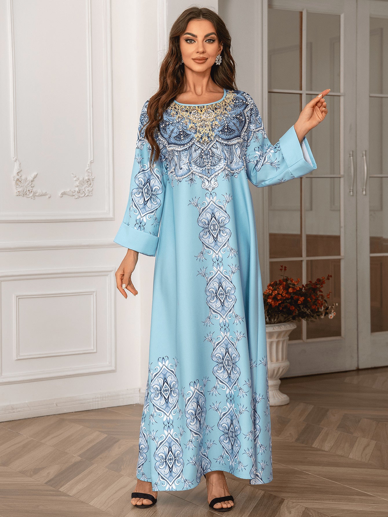 High Density Rhinestone Floral-print Beaded Arabian Elegant Abaya Round Neck Dress