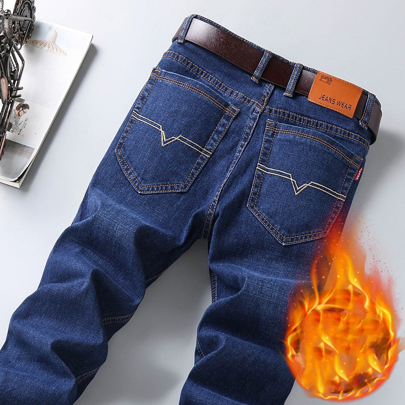 Men's Loose Straight Fit Jeans with Plush Lining for Autumn and Winter