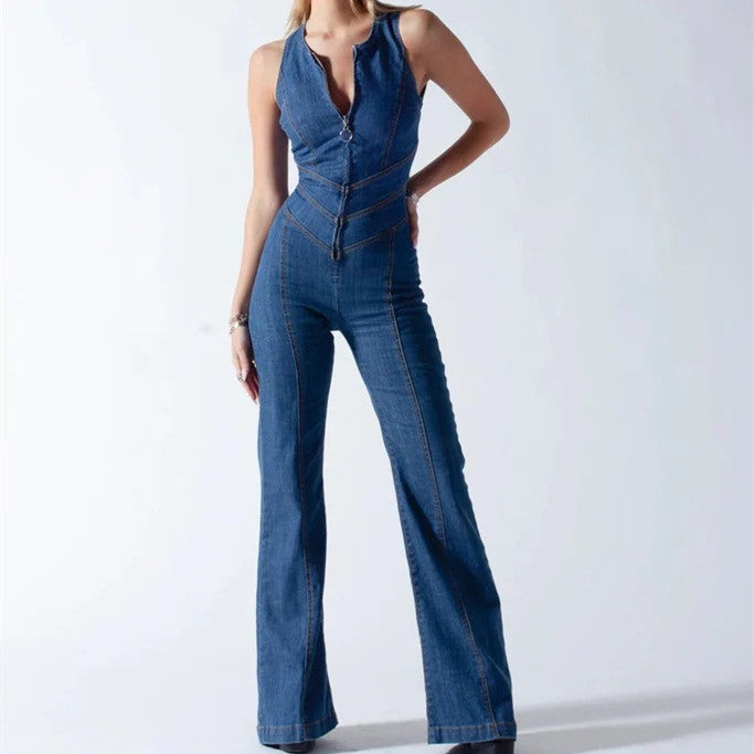 Combinaison en jean bleu saphir taille haute coupe ajustée printemps